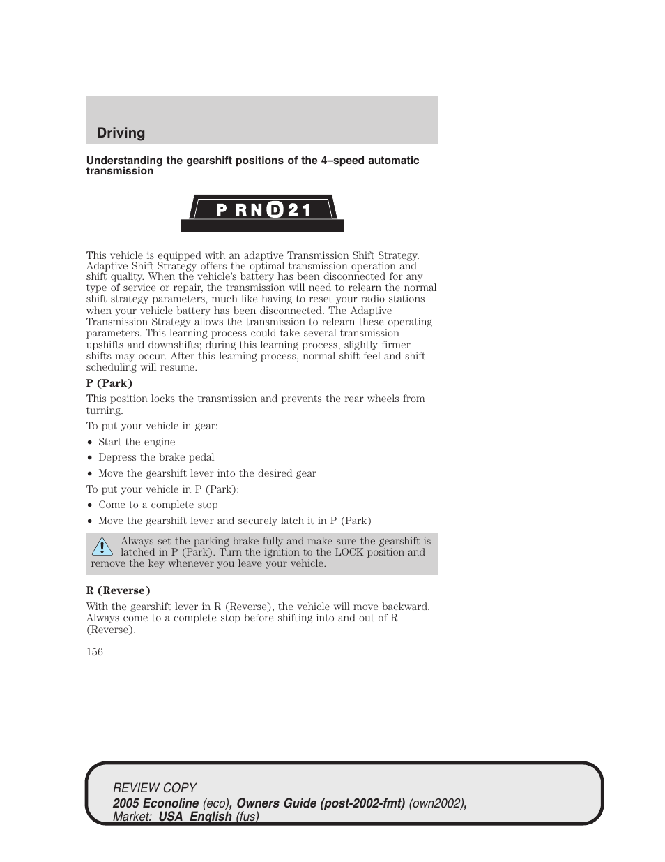 Driving | FORD 2005 E-450 v.1 User Manual | Page 156 / 248