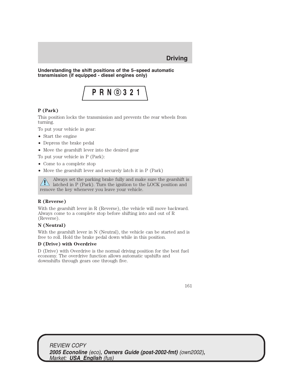 Driving | FORD 2005 E-450 v.1 User Manual | Page 161 / 248