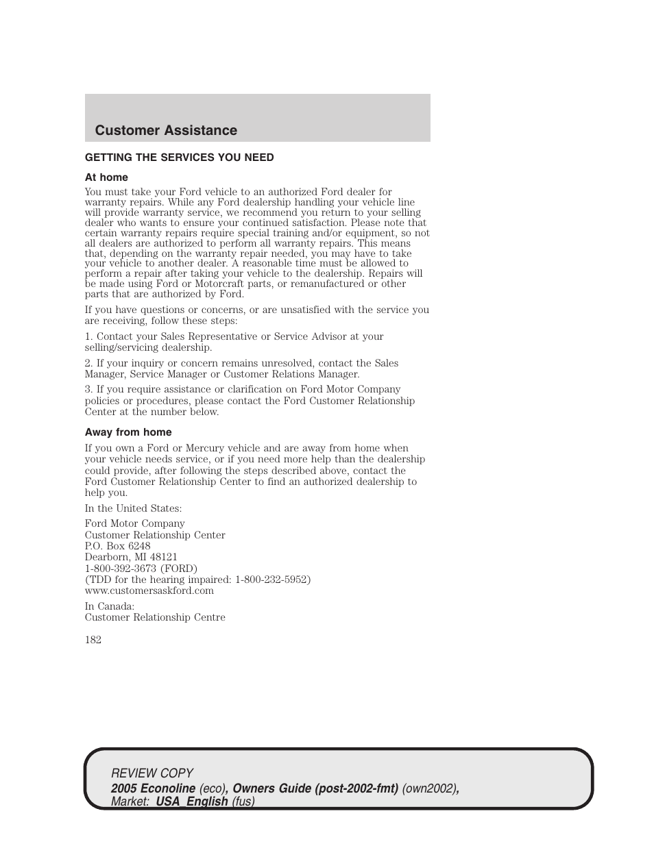 Customer assistance | FORD 2005 E-450 v.1 User Manual | Page 182 / 248