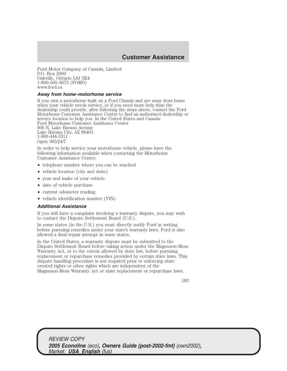 Customer assistance | FORD 2005 E-450 v.1 User Manual | Page 183 / 248
