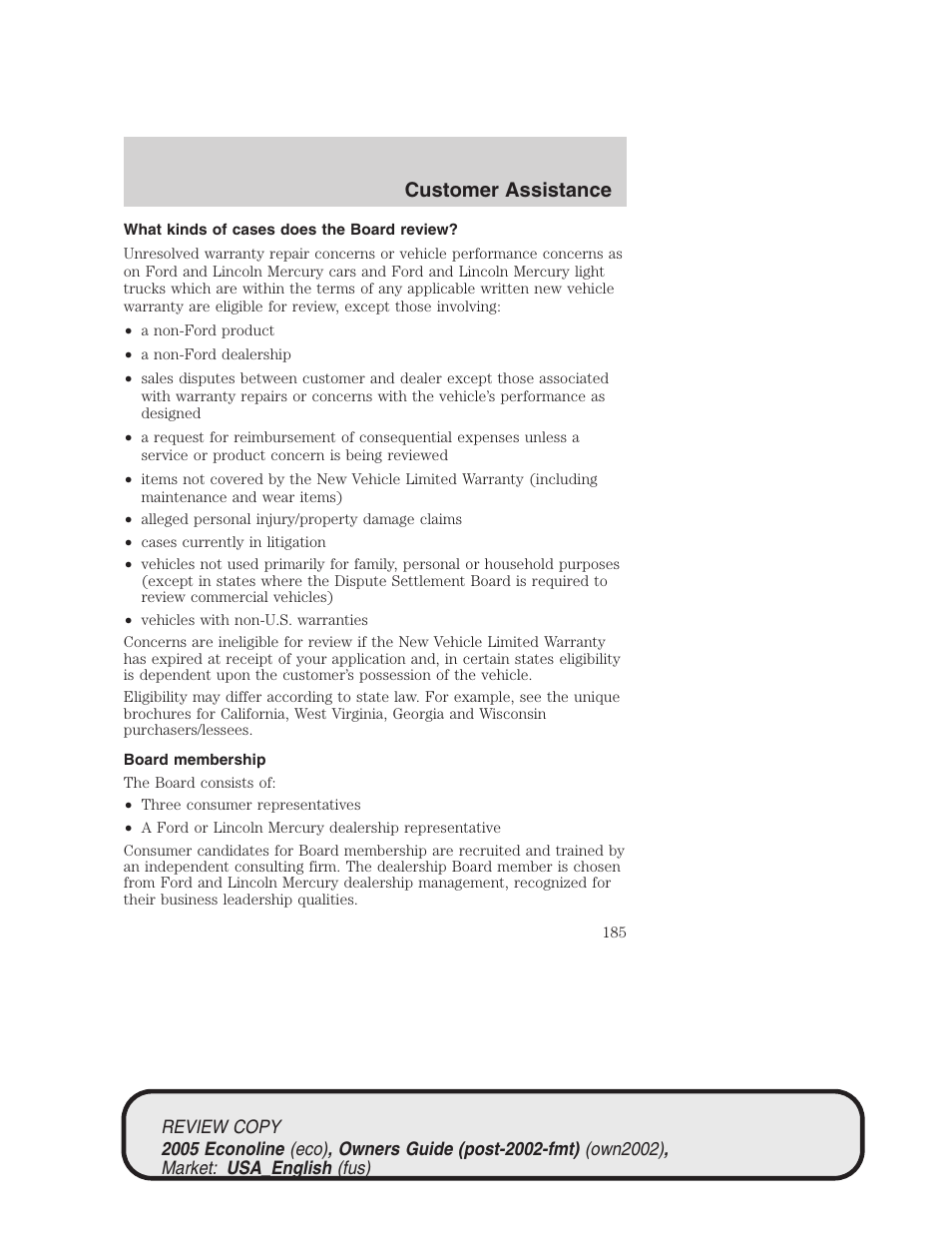 Customer assistance | FORD 2005 E-450 v.1 User Manual | Page 185 / 248