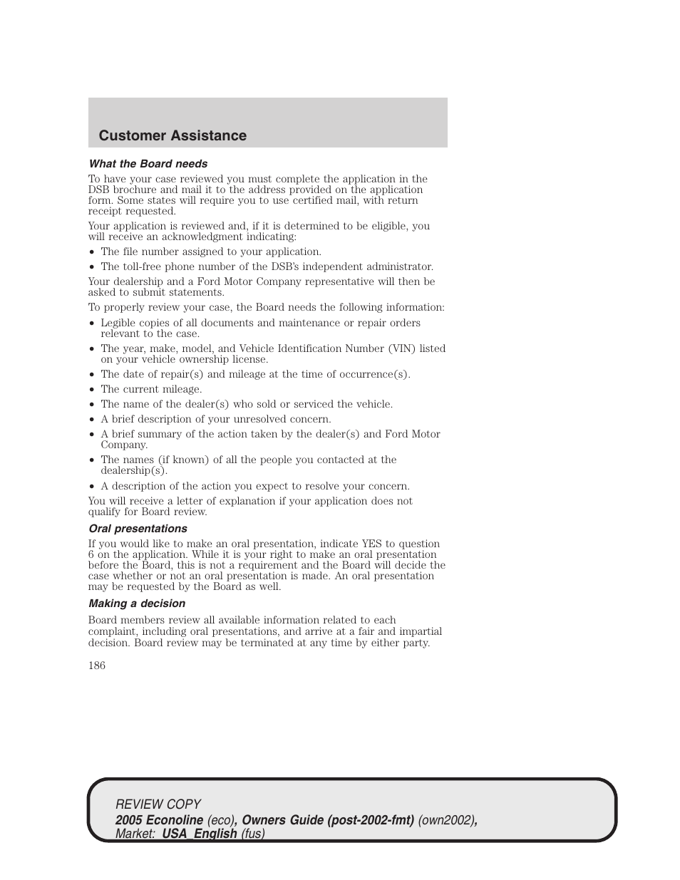 Customer assistance | FORD 2005 E-450 v.1 User Manual | Page 186 / 248