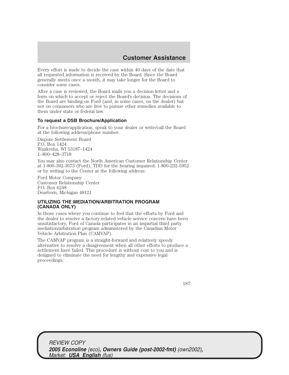 Customer assistance | FORD 2005 E-450 v.1 User Manual | Page 187 / 248
