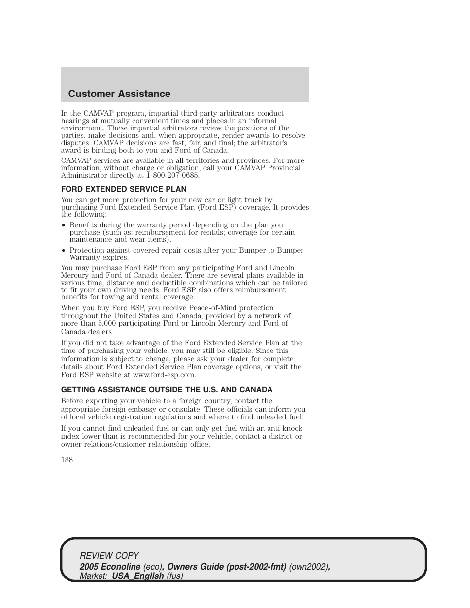 Customer assistance | FORD 2005 E-450 v.1 User Manual | Page 188 / 248