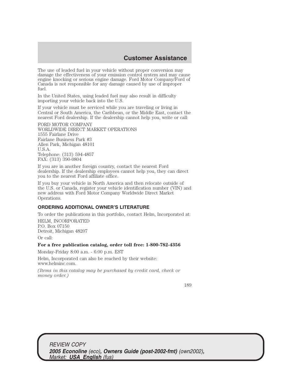 Customer assistance | FORD 2005 E-450 v.1 User Manual | Page 189 / 248