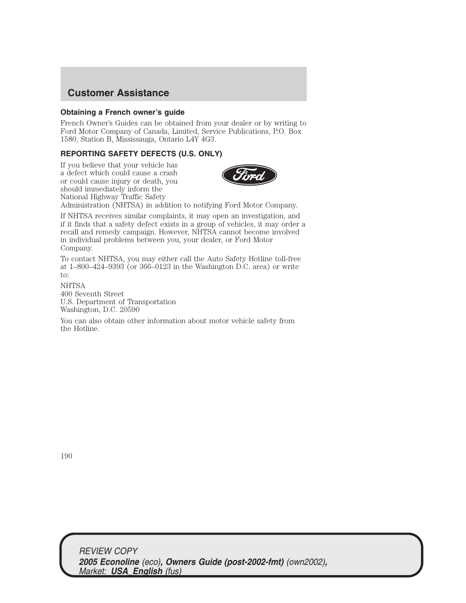 Customer assistance | FORD 2005 E-450 v.1 User Manual | Page 190 / 248