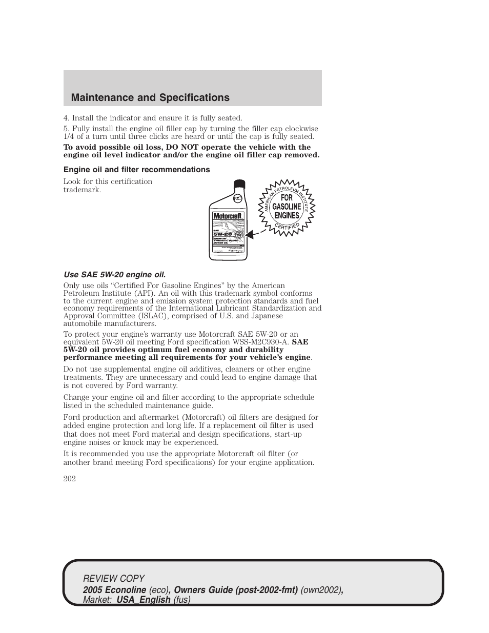 Maintenance and specifications | FORD 2005 E-450 v.1 User Manual | Page 202 / 248