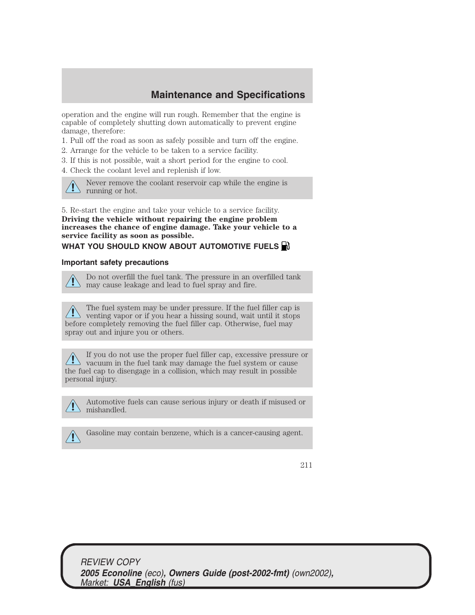 Maintenance and specifications | FORD 2005 E-450 v.1 User Manual | Page 211 / 248