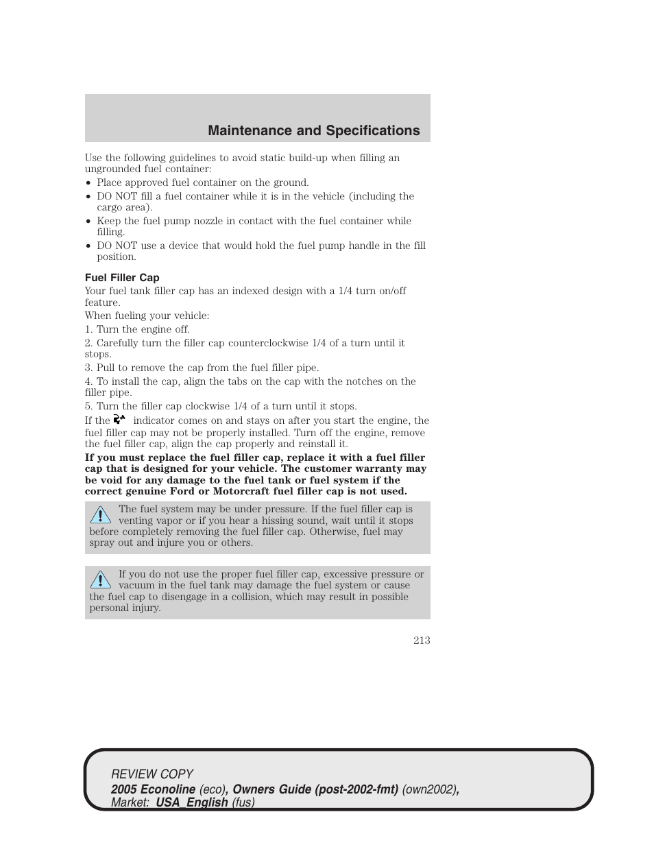 Maintenance and specifications | FORD 2005 E-450 v.1 User Manual | Page 213 / 248