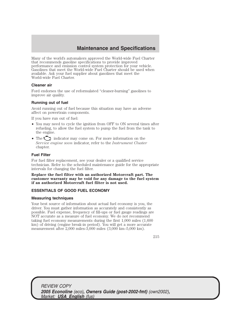 Maintenance and specifications | FORD 2005 E-450 v.1 User Manual | Page 215 / 248