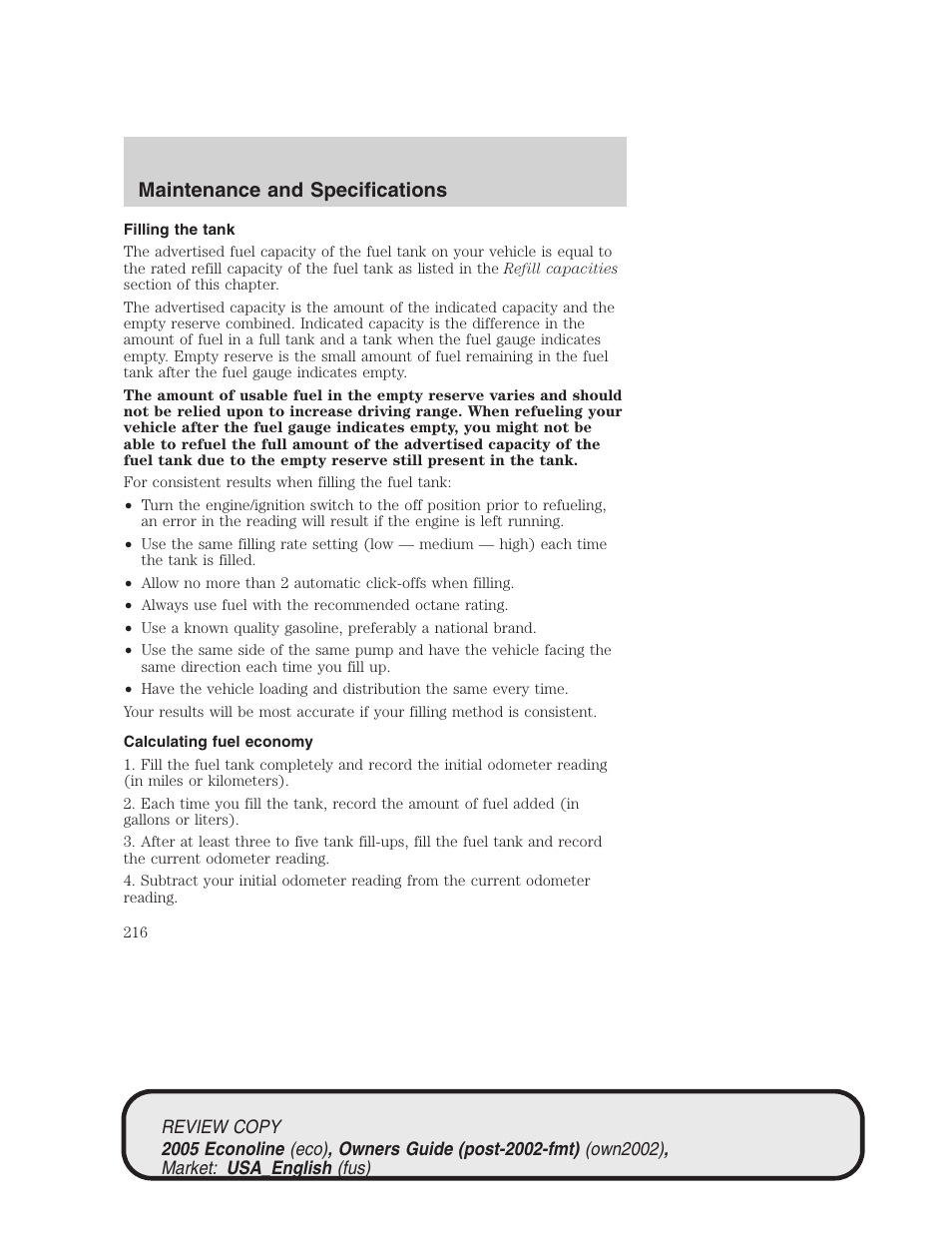 Maintenance and specifications | FORD 2005 E-450 v.1 User Manual | Page 216 / 248