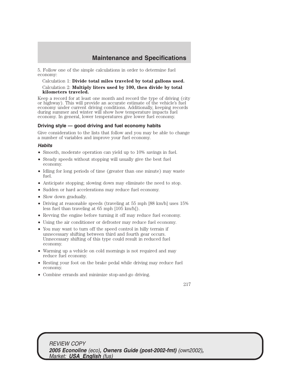 Maintenance and specifications | FORD 2005 E-450 v.1 User Manual | Page 217 / 248