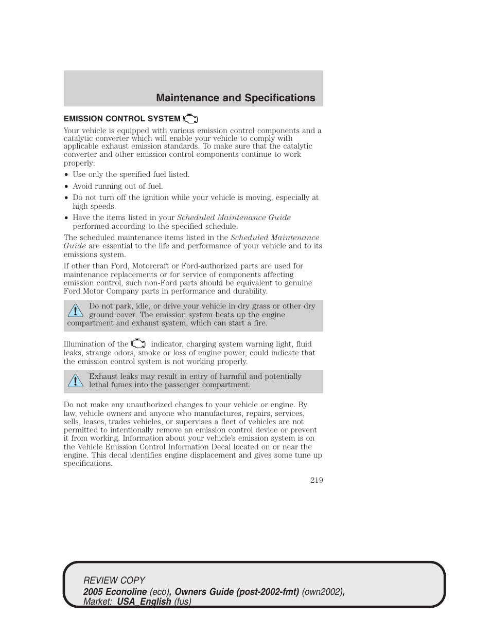 Maintenance and specifications | FORD 2005 E-450 v.1 User Manual | Page 219 / 248