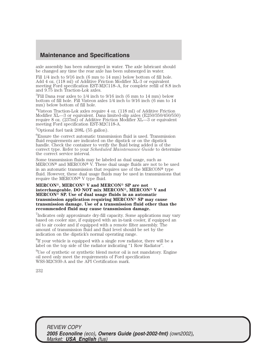 Maintenance and specifications | FORD 2005 E-450 v.1 User Manual | Page 232 / 248