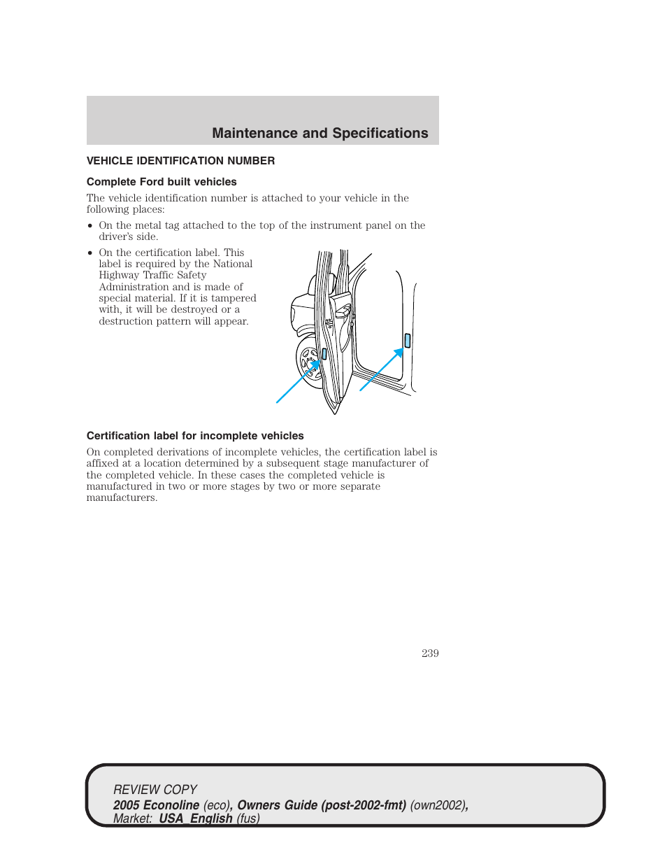 Maintenance and specifications | FORD 2005 E-450 v.1 User Manual | Page 239 / 248