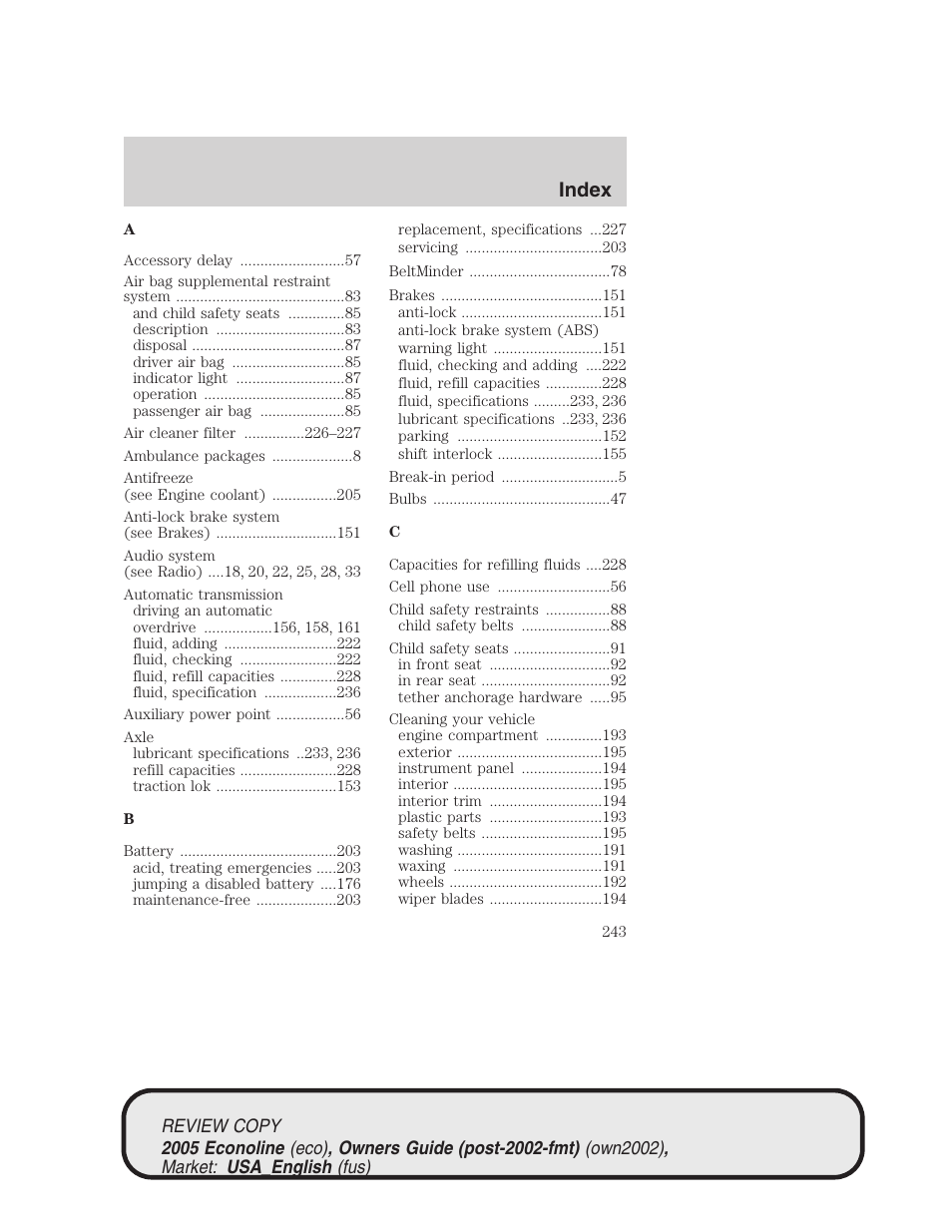 Index | FORD 2005 E-450 v.1 User Manual | Page 243 / 248