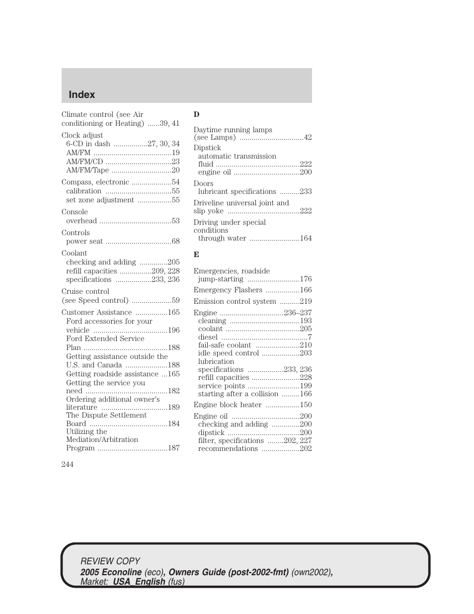 Index | FORD 2005 E-450 v.1 User Manual | Page 244 / 248