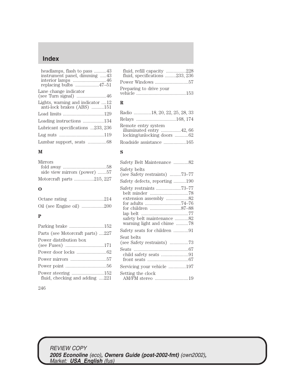 Index | FORD 2005 E-450 v.1 User Manual | Page 246 / 248