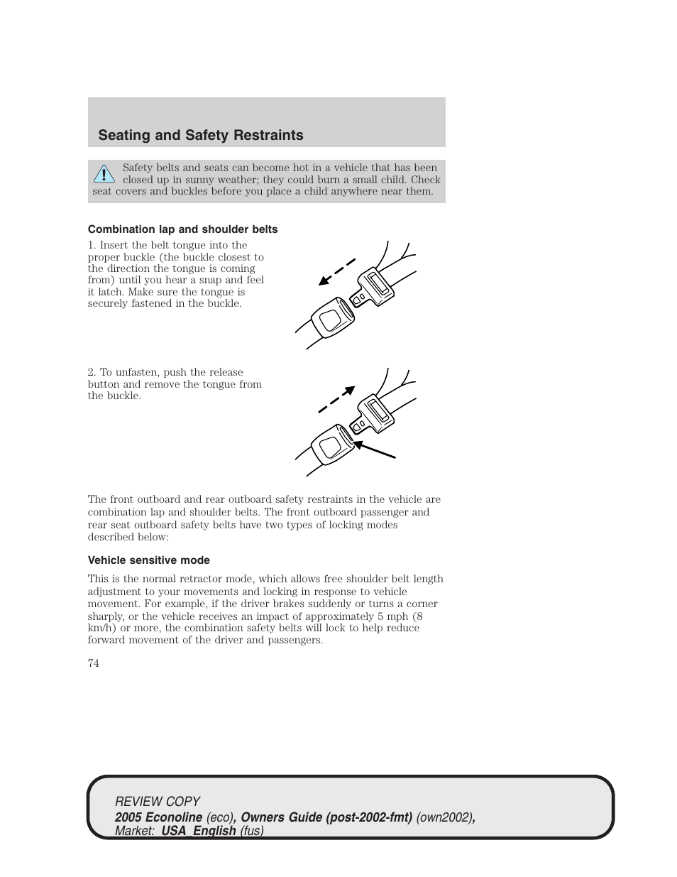 Seating and safety restraints | FORD 2005 E-450 v.1 User Manual | Page 74 / 248