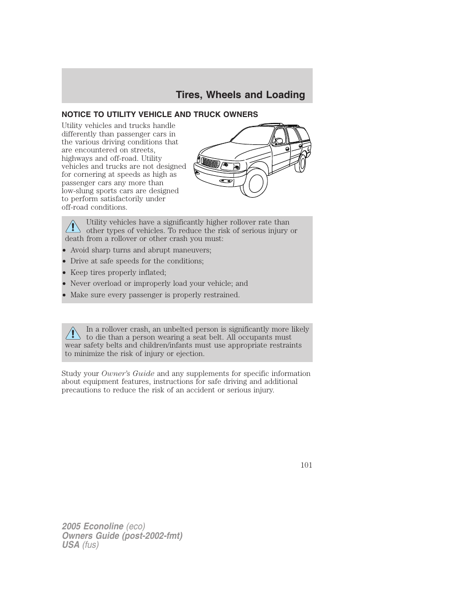 Tires, wheels and loading, Notice to utility vehicle and truck owners | FORD 2005 E-450 v.3 User Manual | Page 101 / 248
