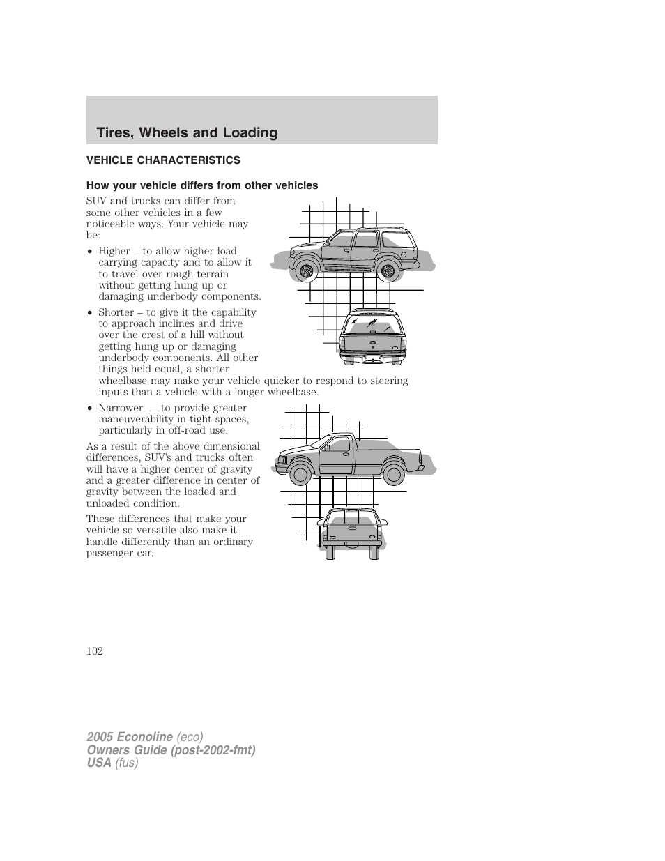 Vehicle characteristics, How your vehicle differs from other vehicles, Tires, wheels and loading | FORD 2005 E-450 v.3 User Manual | Page 102 / 248