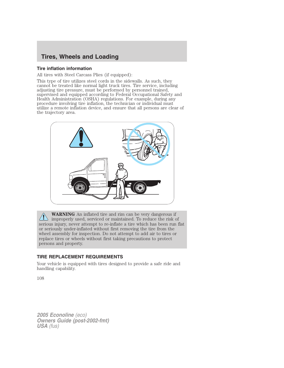 Tire inflation information, Tire replacement requirements, Tires, wheels and loading | FORD 2005 E-450 v.3 User Manual | Page 108 / 248
