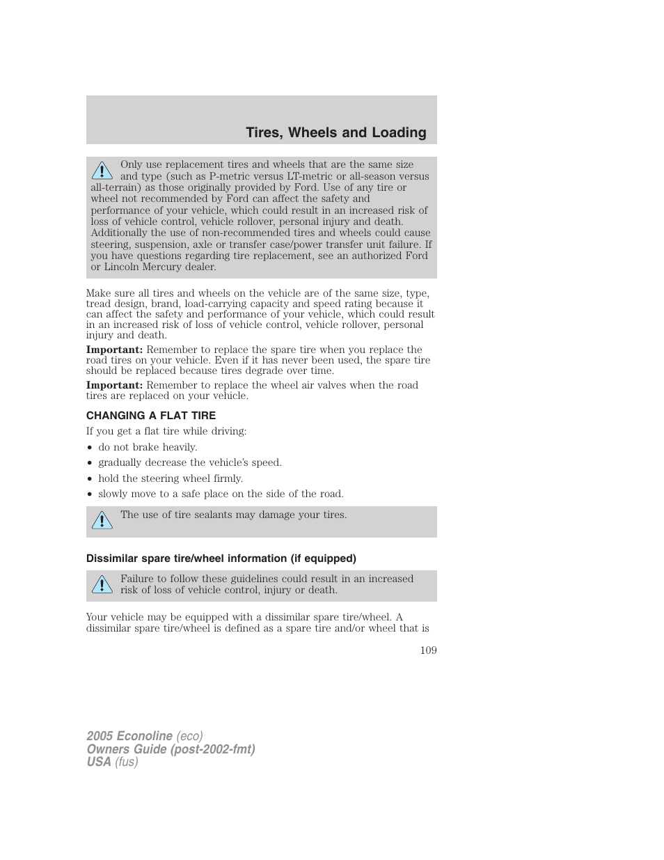 Changing a flat tire, Changing tires, Tires, wheels and loading | FORD 2005 E-450 v.3 User Manual | Page 109 / 248