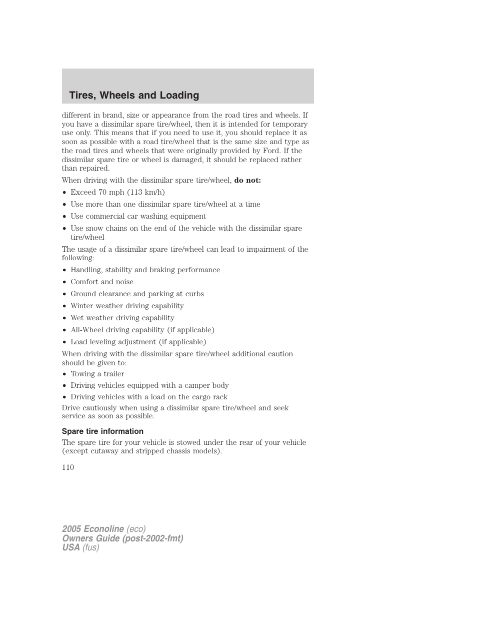 Spare tire information, Tires, wheels and loading | FORD 2005 E-450 v.3 User Manual | Page 110 / 248
