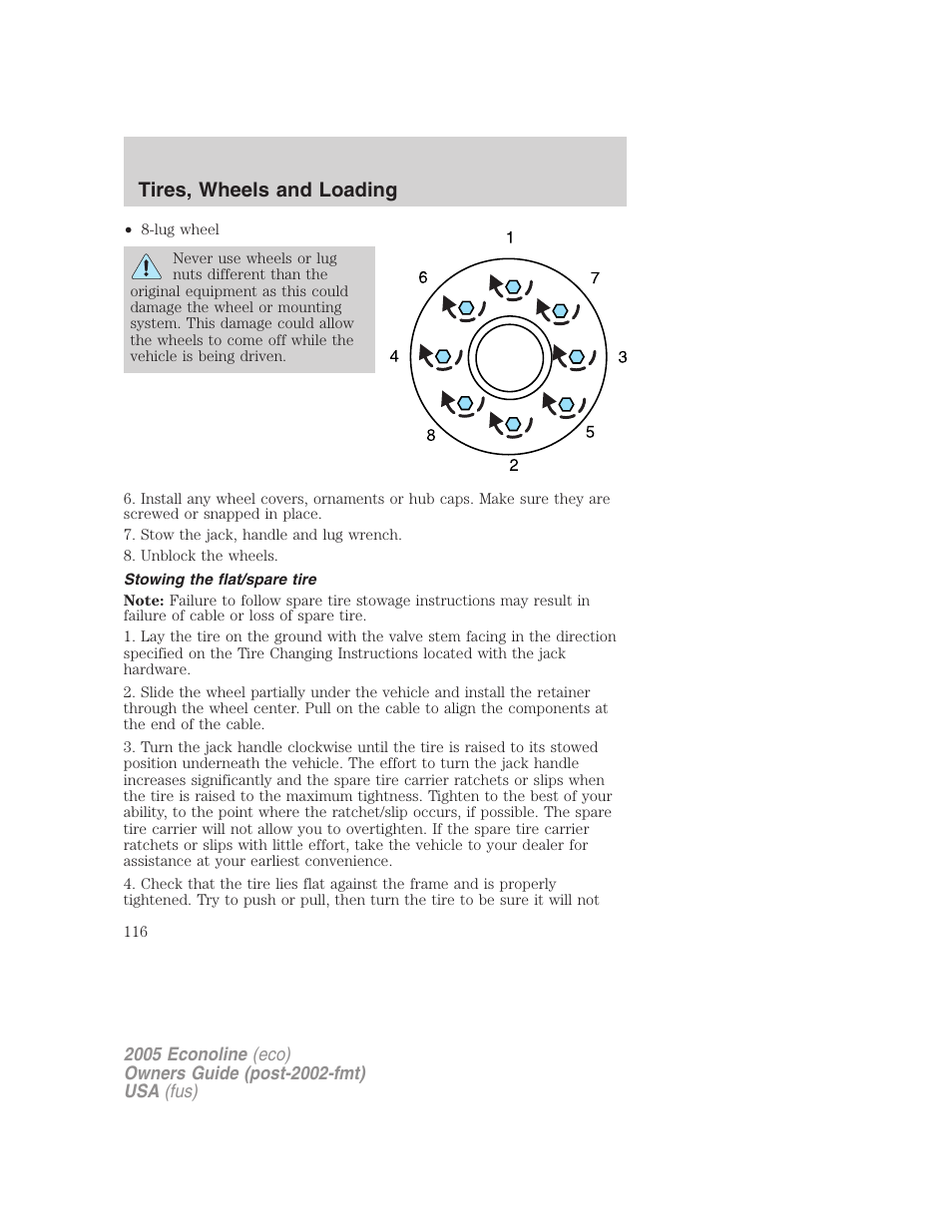 Stowing the flat/spare tire, Tires, wheels and loading | FORD 2005 E-450 v.3 User Manual | Page 116 / 248