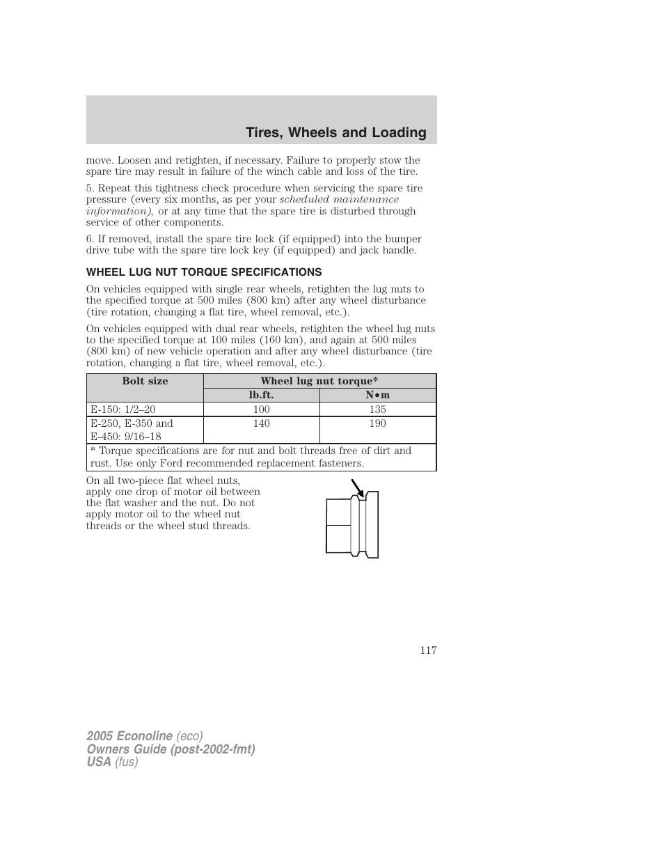 Wheel lug nut torque specifications, Lug nut torque, Tires, wheels and loading | FORD 2005 E-450 v.3 User Manual | Page 117 / 248