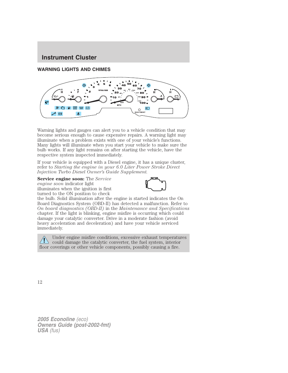 Instrument cluster, Warning lights and chimes, Warning and control lights | FORD 2005 E-450 v.3 User Manual | Page 12 / 248