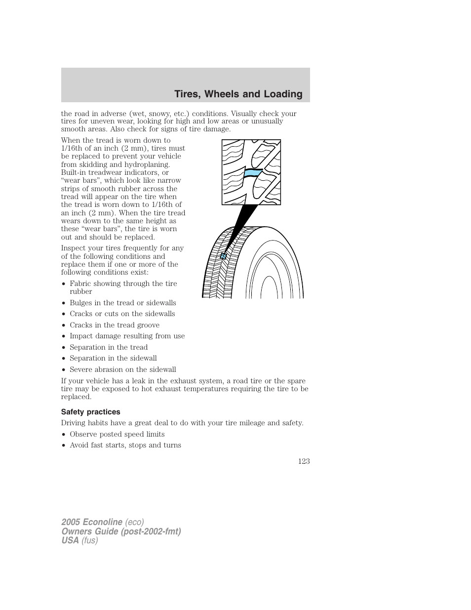 Safety practices, Tires, wheels and loading | FORD 2005 E-450 v.3 User Manual | Page 123 / 248