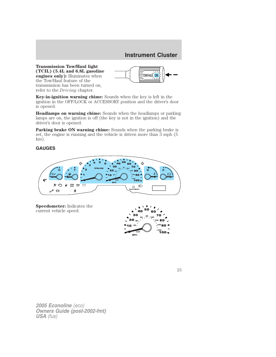 Gauges, Instrument cluster | FORD 2005 E-450 v.3 User Manual | Page 15 / 248