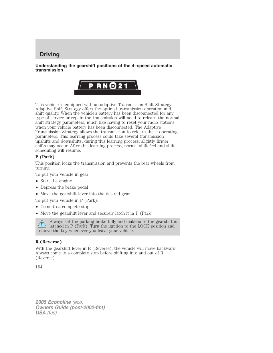 Driving | FORD 2005 E-450 v.3 User Manual | Page 154 / 248