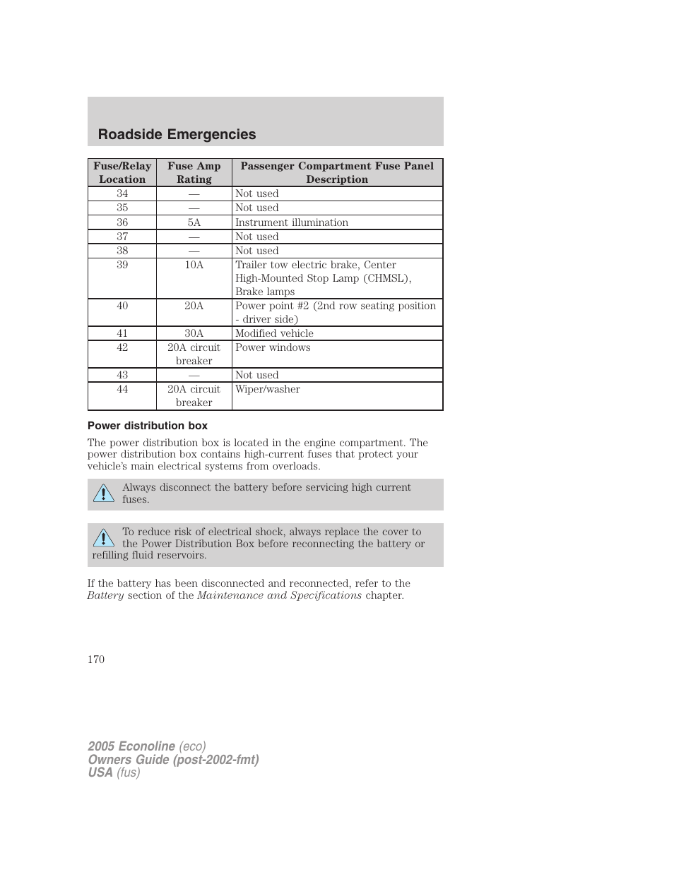 Power distribution box, Roadside emergencies | FORD 2005 E-450 v.3 User Manual | Page 170 / 248