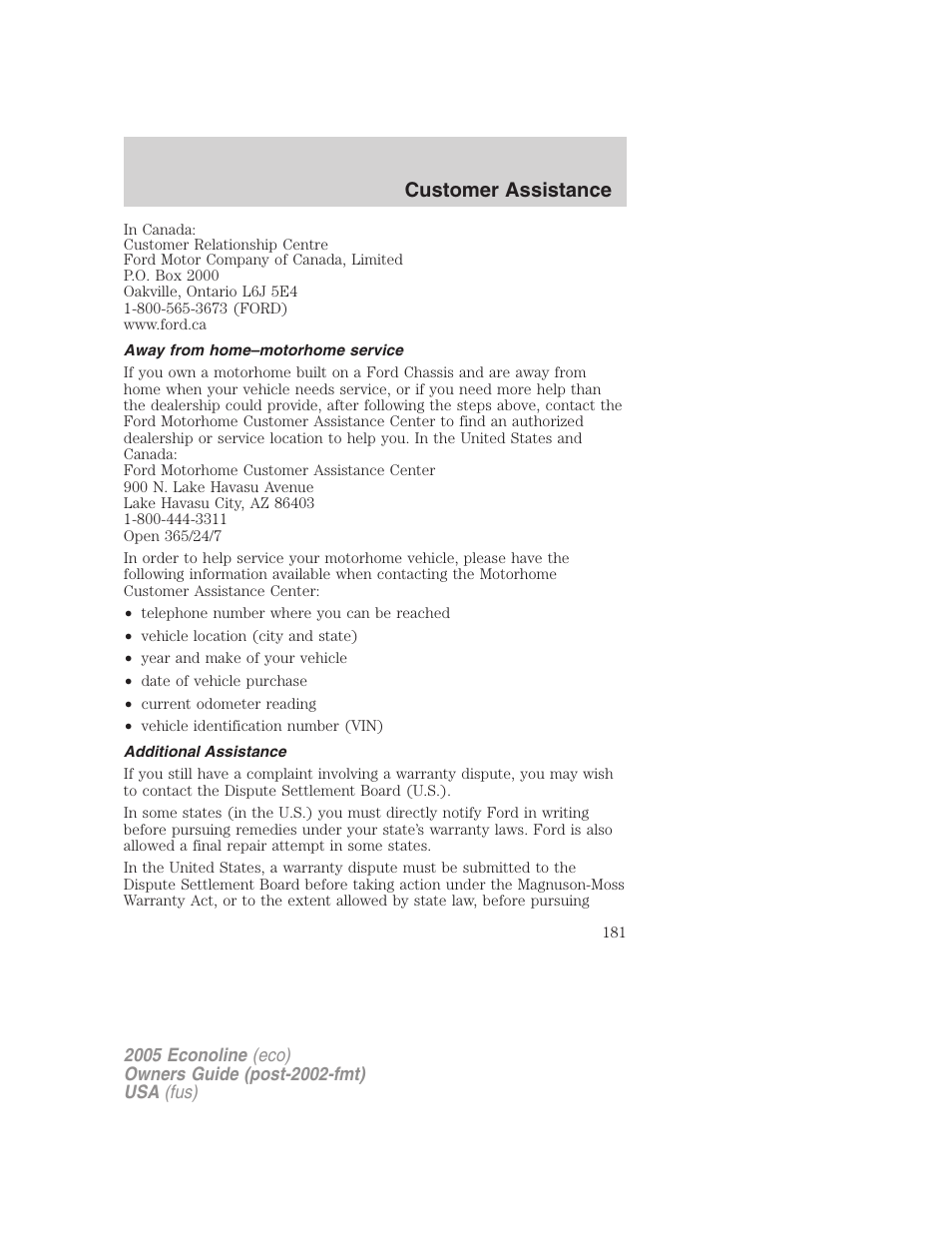 Away from home–motorhome service, Additional assistance, Customer assistance | FORD 2005 E-450 v.3 User Manual | Page 181 / 248