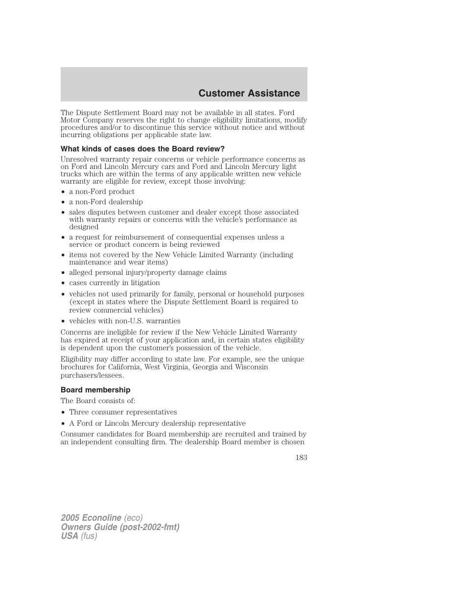 What kinds of cases does the board review, Board membership, Customer assistance | FORD 2005 E-450 v.3 User Manual | Page 183 / 248