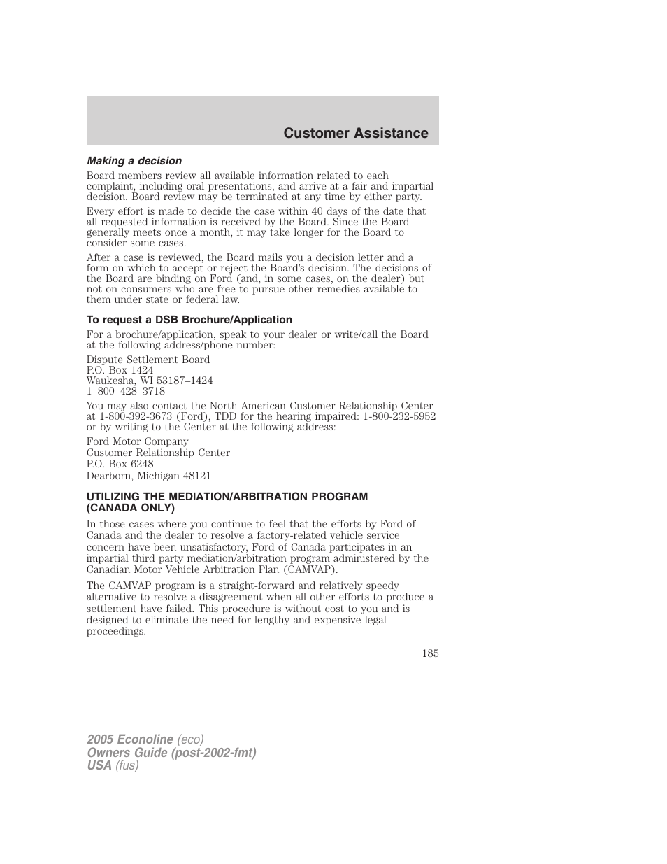 Making a decision, To request a dsb brochure/application, Customer assistance | FORD 2005 E-450 v.3 User Manual | Page 185 / 248