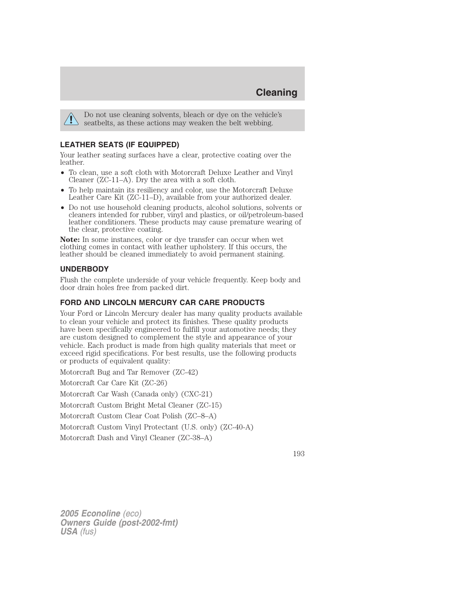 Leather seats (if equipped), Underbody, Ford and lincoln mercury car care products | Underbody preservation, Cleaning | FORD 2005 E-450 v.3 User Manual | Page 193 / 248