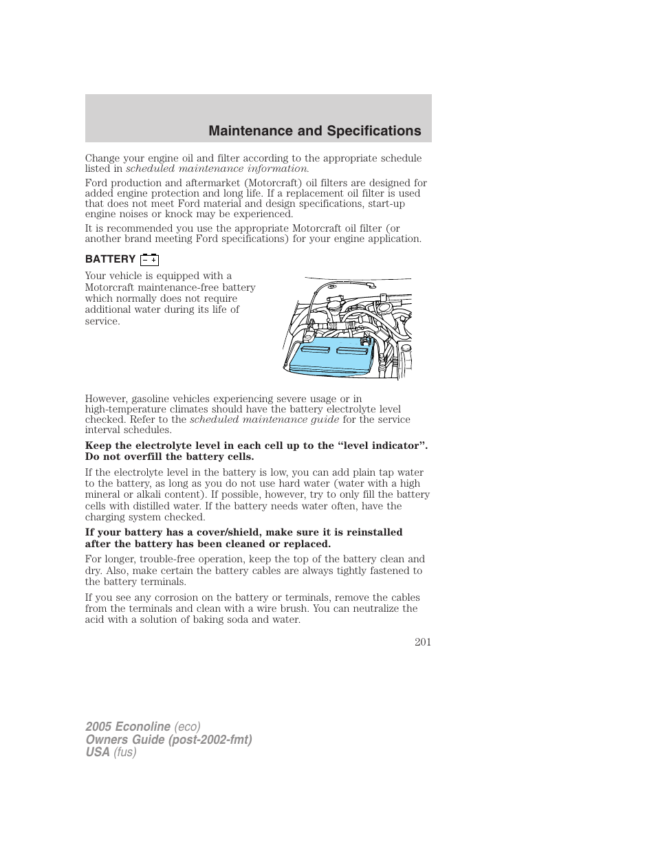 Battery, Maintenance and specifications | FORD 2005 E-450 v.3 User Manual | Page 201 / 248