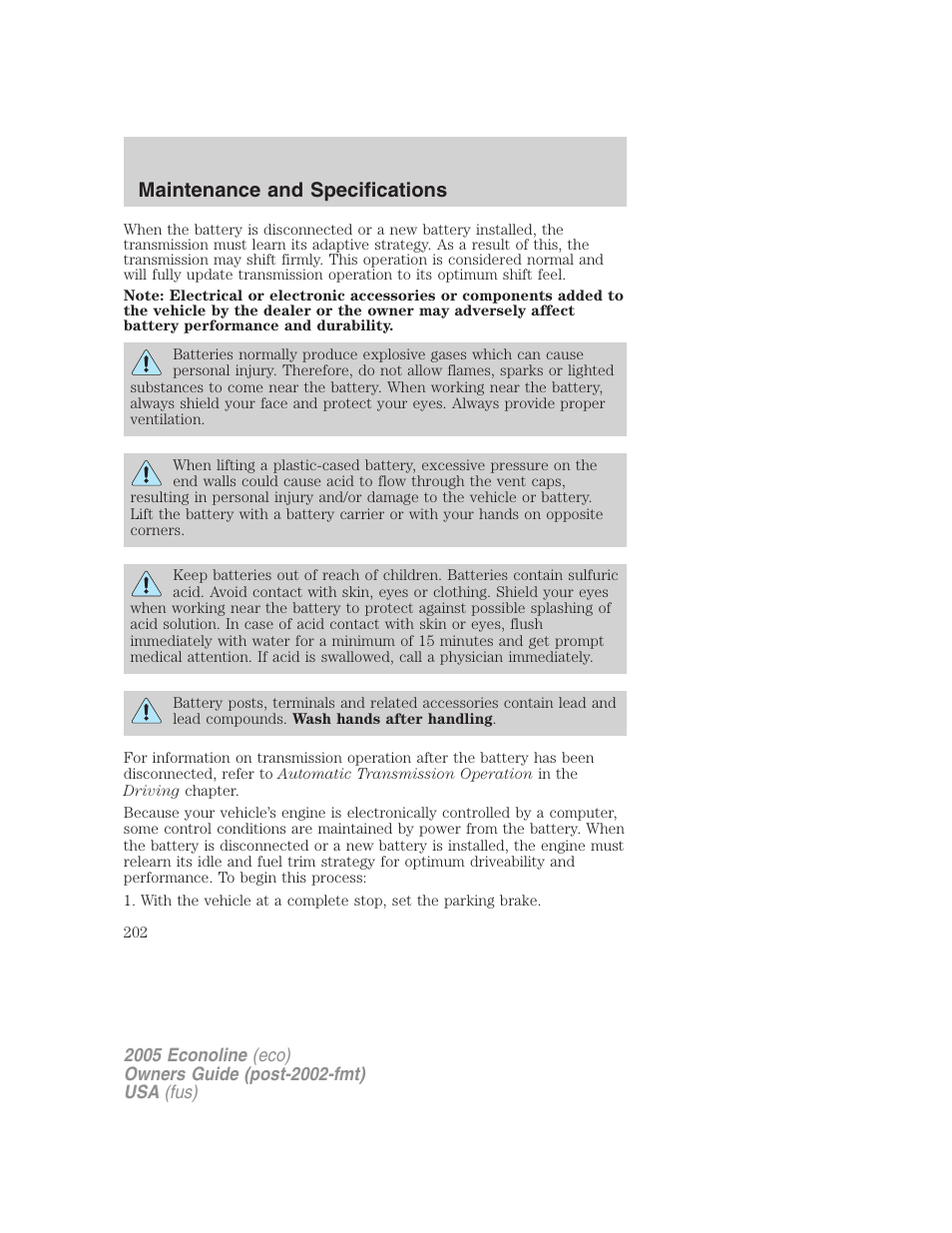 Maintenance and specifications | FORD 2005 E-450 v.3 User Manual | Page 202 / 248