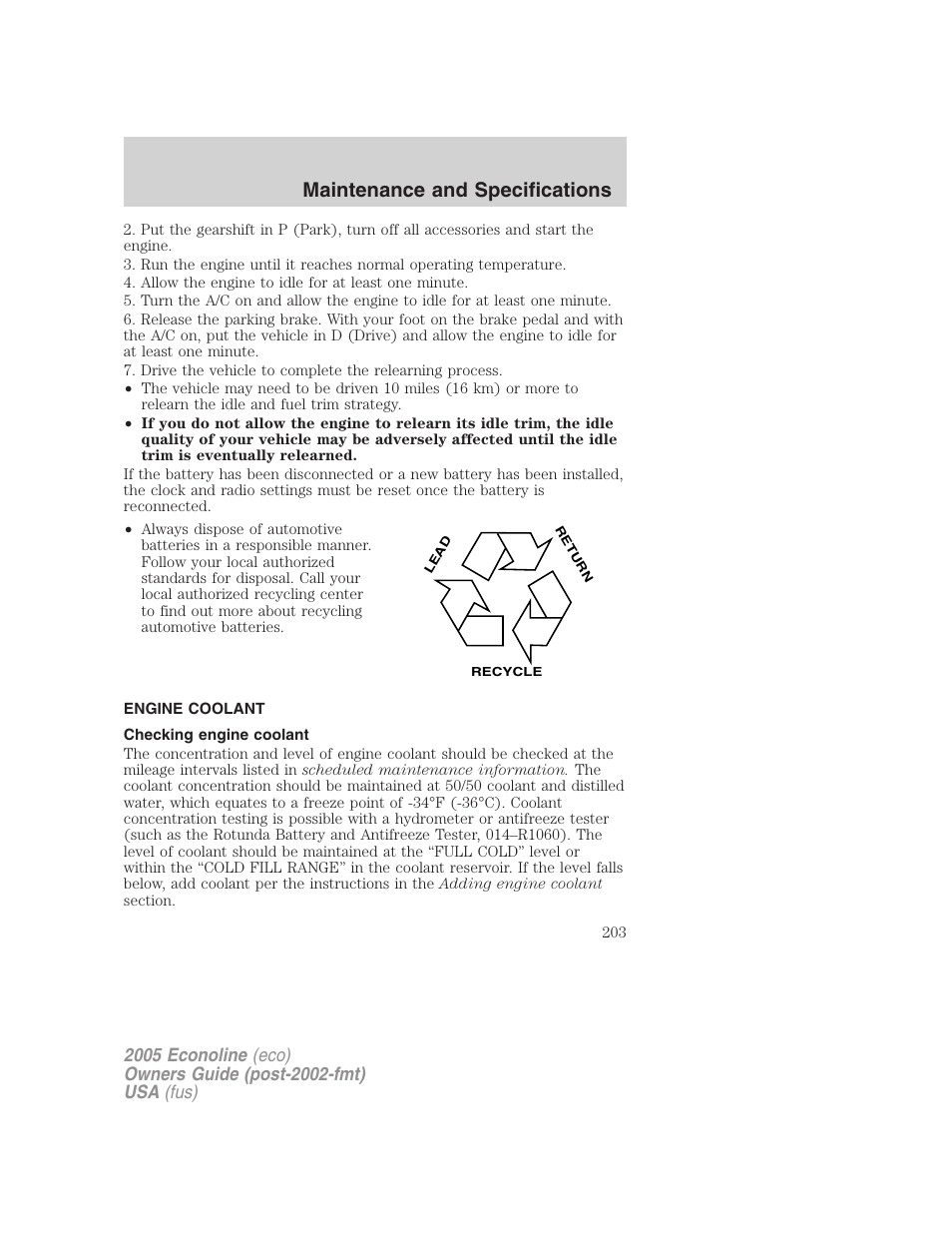 Engine coolant, Checking engine coolant, Maintenance and specifications | FORD 2005 E-450 v.3 User Manual | Page 203 / 248