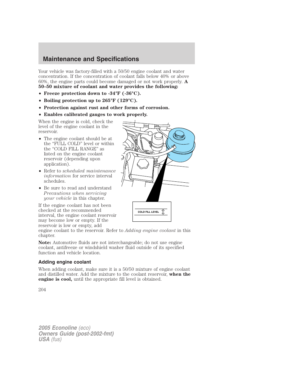 Adding engine coolant, Maintenance and specifications | FORD 2005 E-450 v.3 User Manual | Page 204 / 248