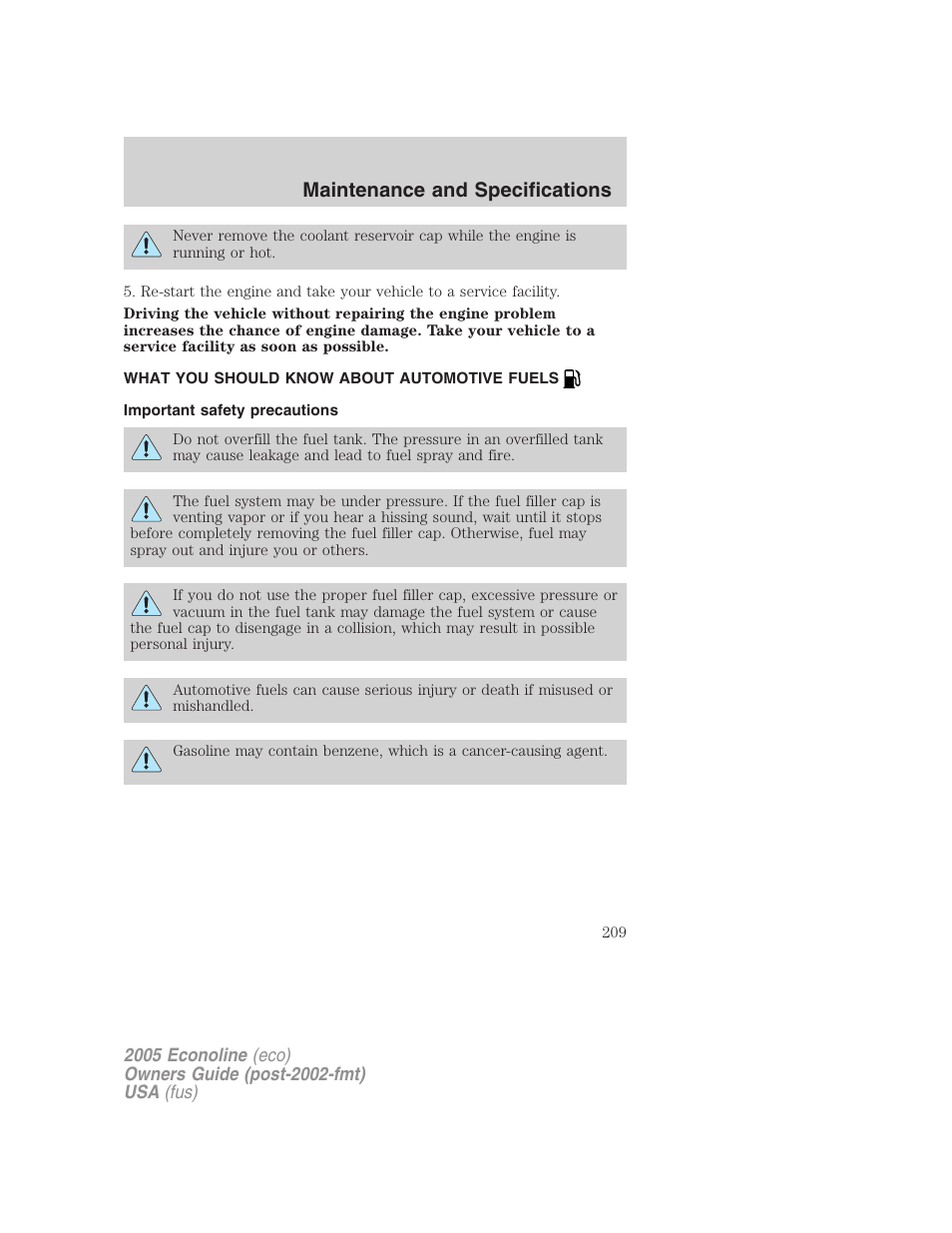 What you should know about automotive fuels, Important safety precautions, Fuel information | Maintenance and specifications | FORD 2005 E-450 v.3 User Manual | Page 209 / 248