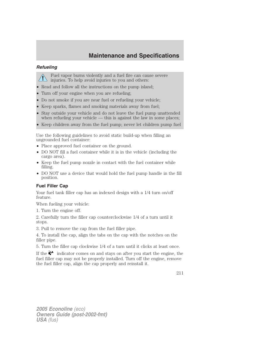 Refueling, Fuel filler cap, Maintenance and specifications | FORD 2005 E-450 v.3 User Manual | Page 211 / 248