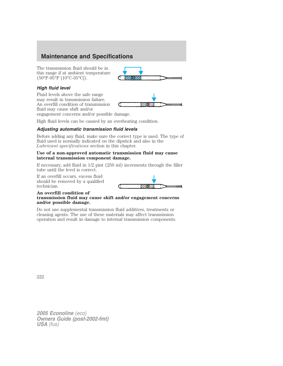 High fluid level, Adjusting automatic transmission fluid levels, Maintenance and specifications | FORD 2005 E-450 v.3 User Manual | Page 222 / 248