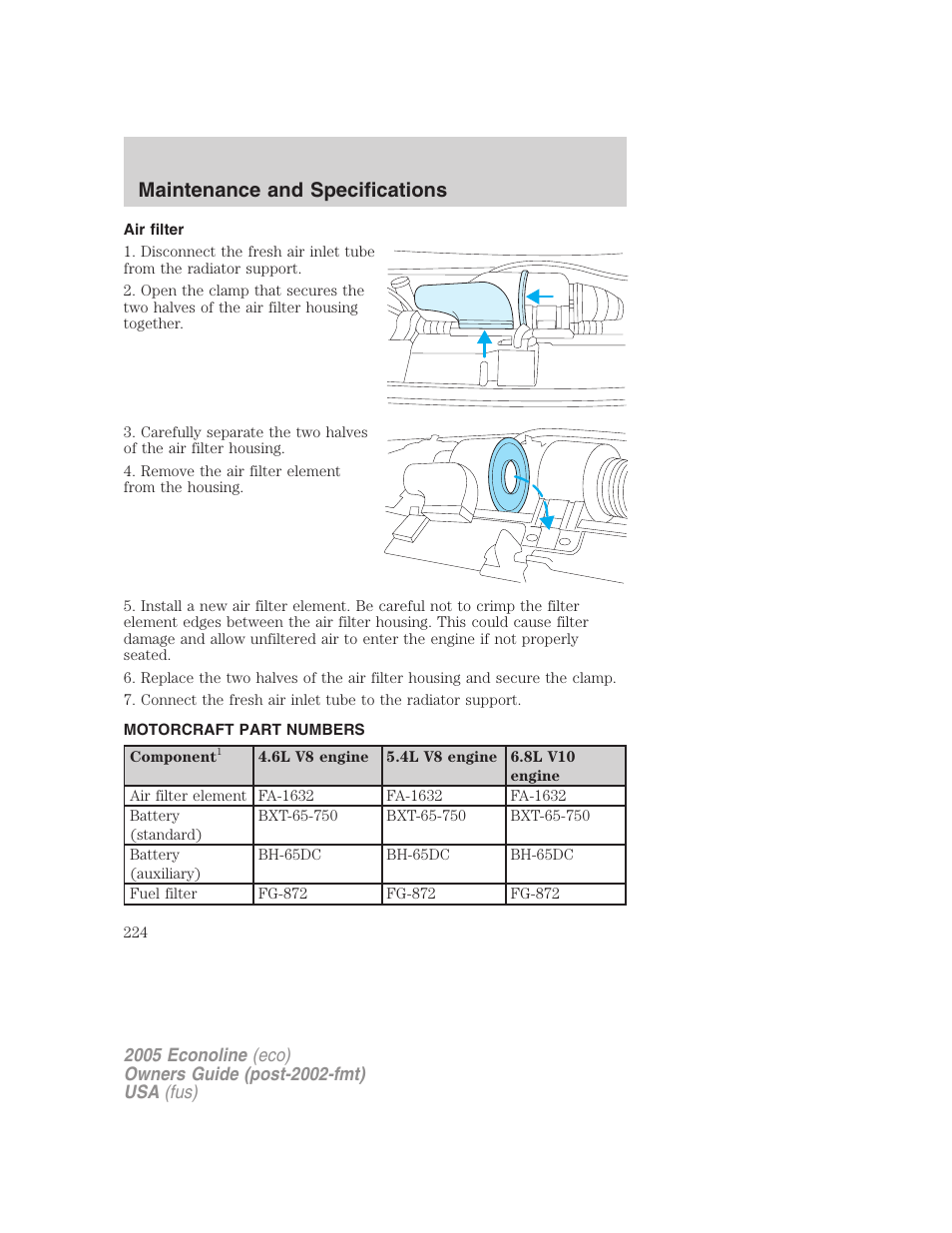 Air filter, Motorcraft part numbers, Air filter(s) | Part numbers, Maintenance and specifications | FORD 2005 E-450 v.3 User Manual | Page 224 / 248
