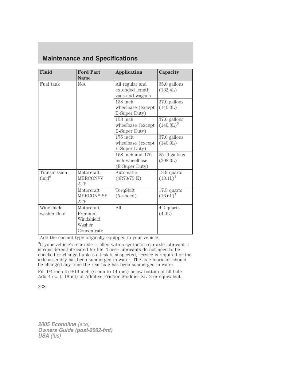 Maintenance and specifications | FORD 2005 E-450 v.3 User Manual | Page 228 / 248