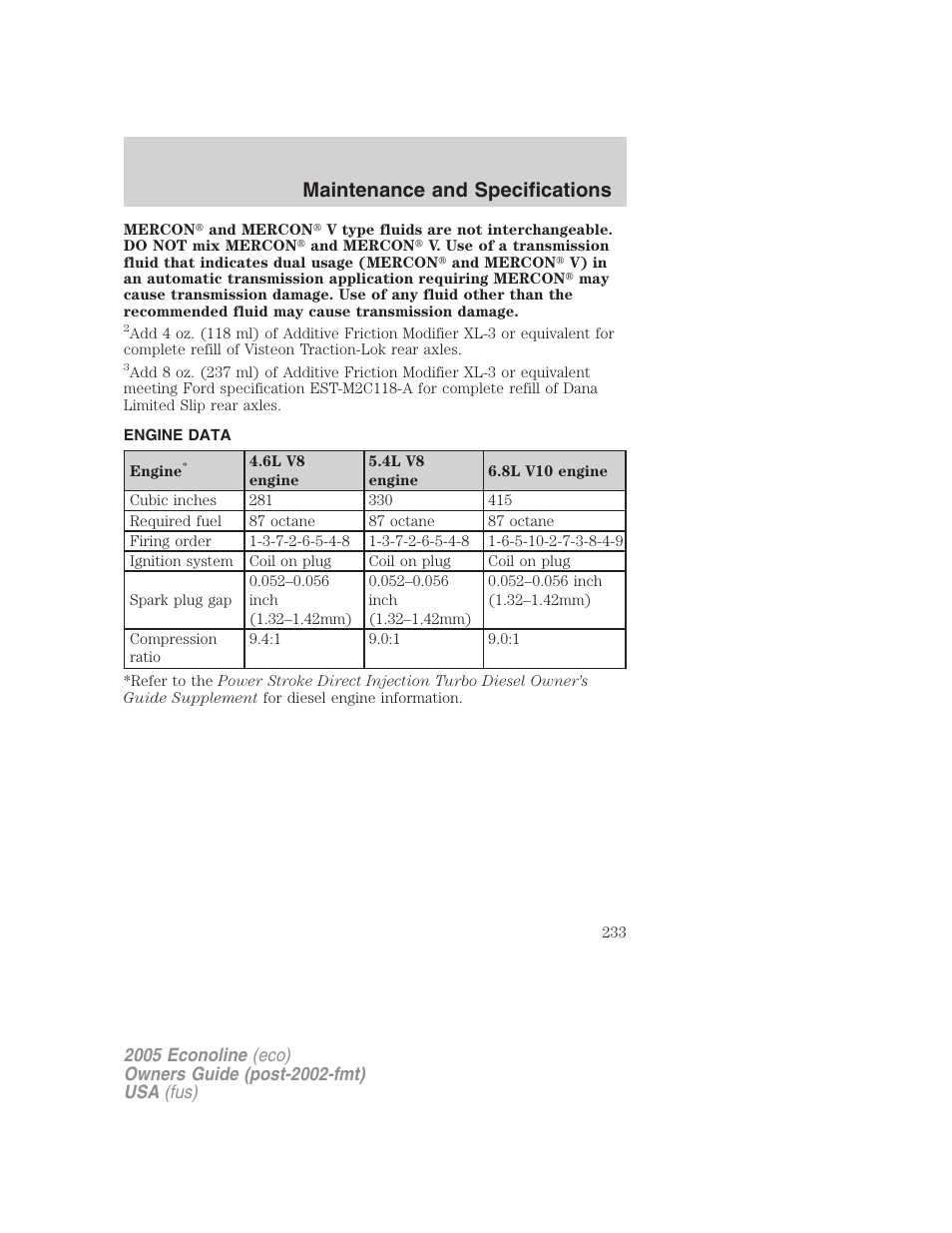 Engine data, Maintenance and specifications | FORD 2005 E-450 v.3 User Manual | Page 233 / 248