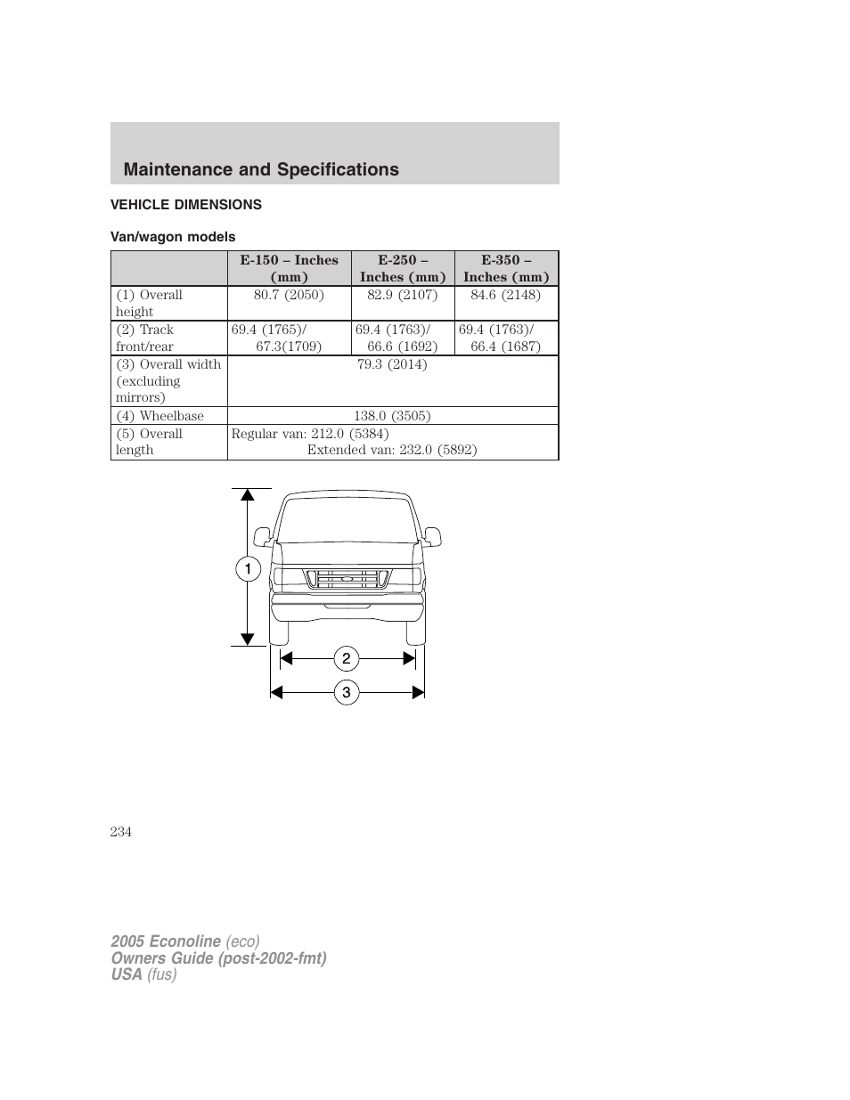Vehicle dimensions, Van/wagon models, Maintenance and specifications | FORD 2005 E-450 v.3 User Manual | Page 234 / 248
